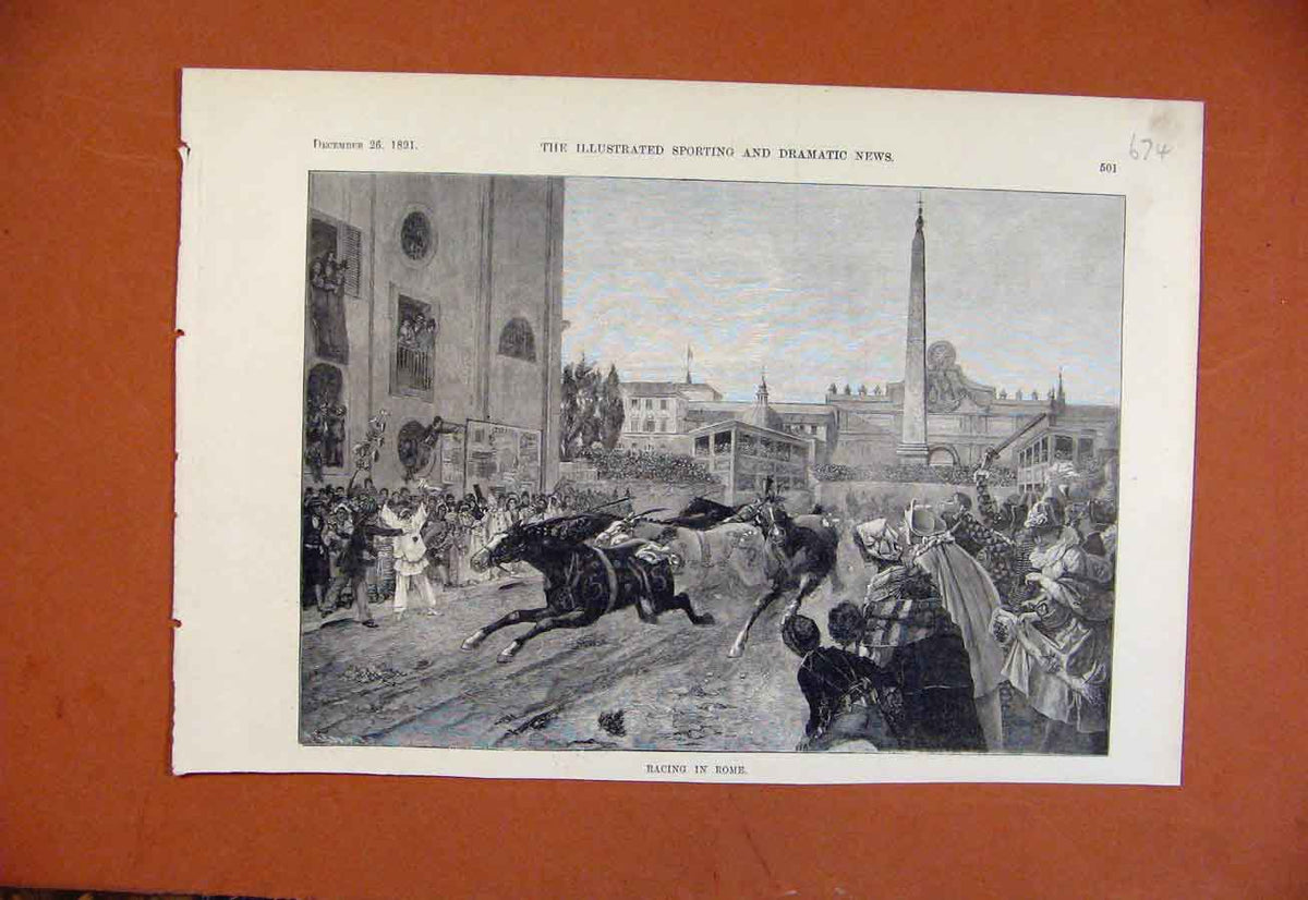Original Old Antique Print Racing In Rome C1891 From London News 19th