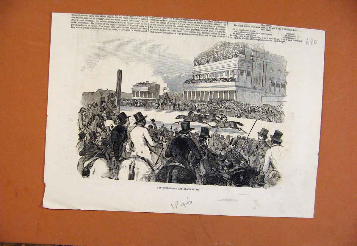 Original Old Antique Print C1846 Race Course Grand Stand Ascot 19th