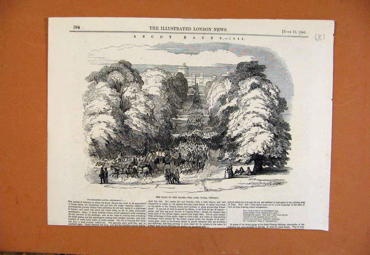 Original Old Antique Print C1846 Road To The Races Long Walk Windsor Victorian