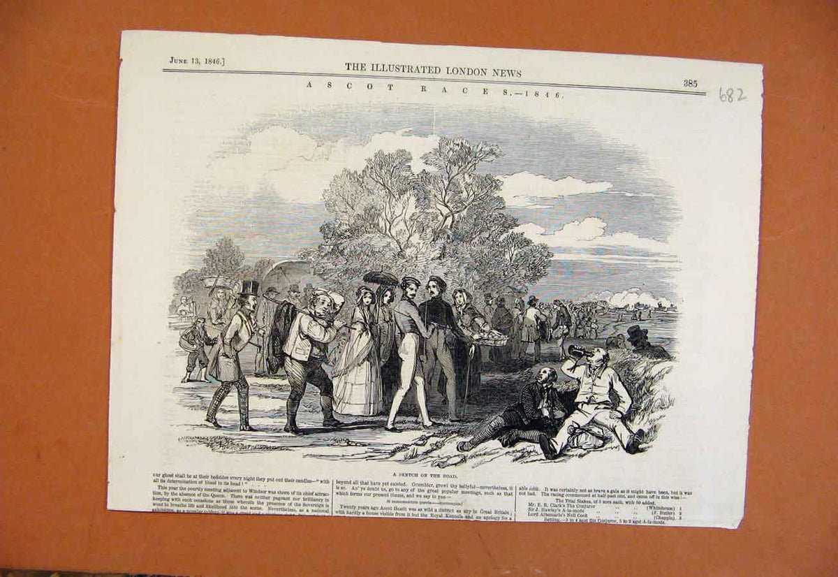 Original Old Antique Print Sketch On The Road C1846 Ascot Races From London News