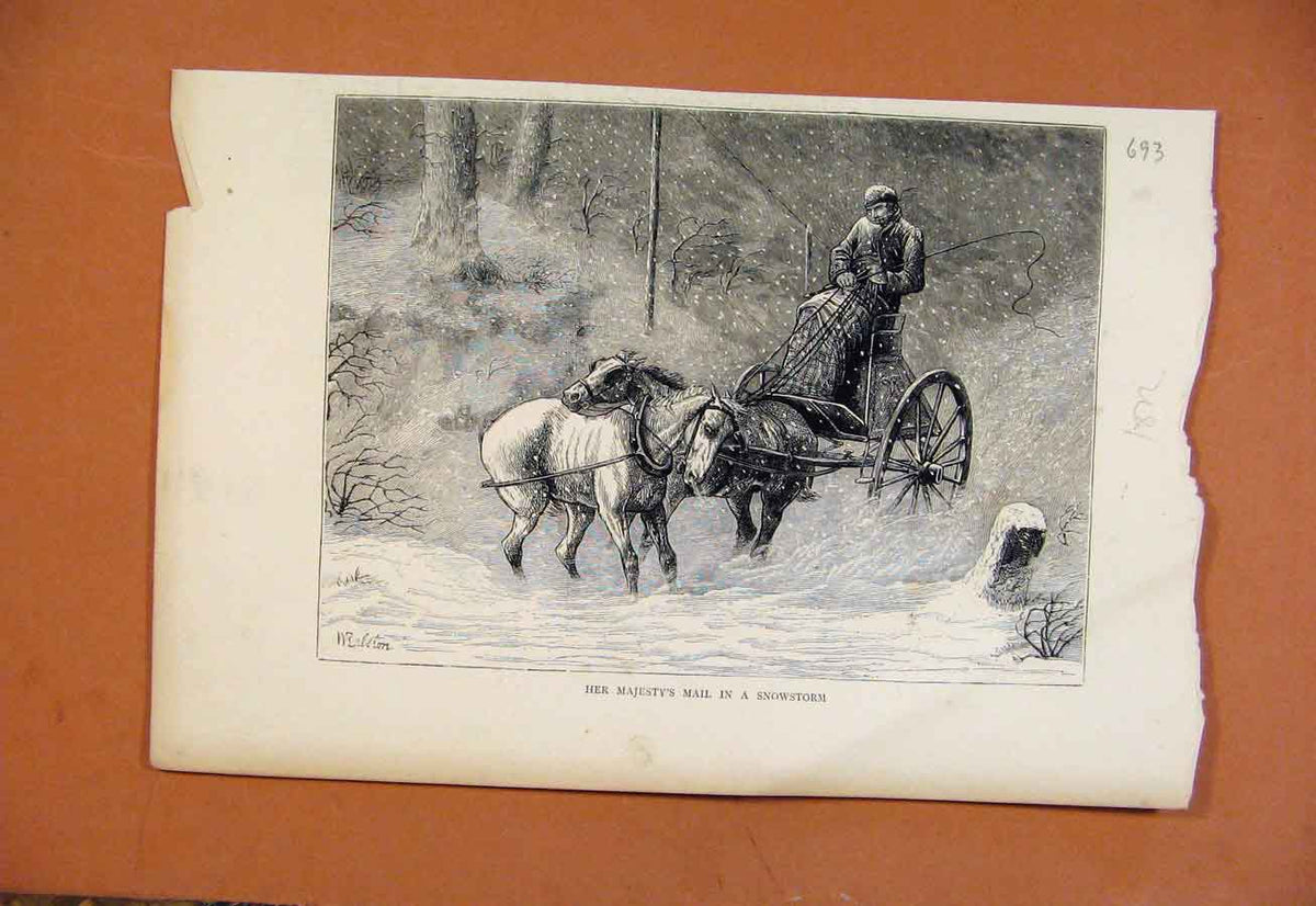 Original Old Antique Print Her Majestys Mail In Snowstorm C1872 From London News