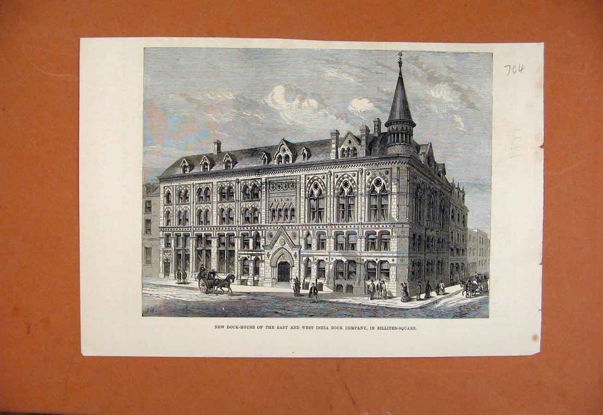 Original Old Antique Print Dock House India Dock Company Billiter Square C1877