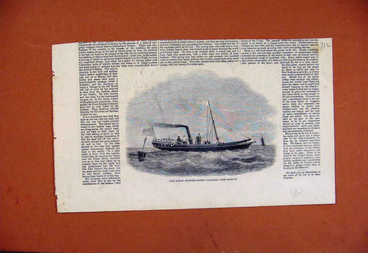 Original Old Antique Print Screw Clipper Yacht Cazelle C1861 Art 19th