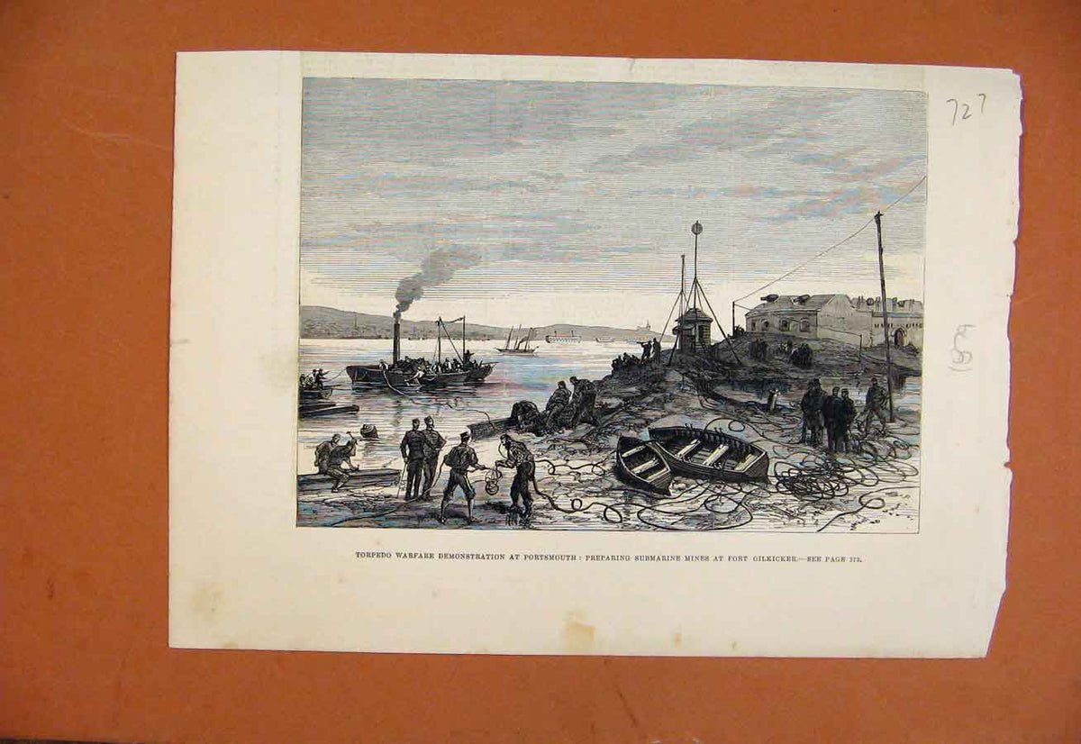 Original Old Antique Print Torpedo Warfare Demonstation Portsmouth C1879 19th