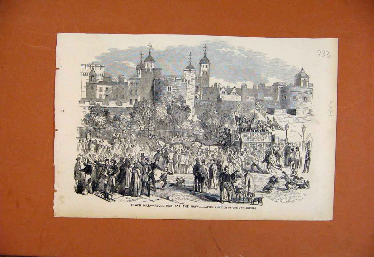 Original Old Antique Print Tower Hill Recruiting For Navy C1869 The Graphic 19th