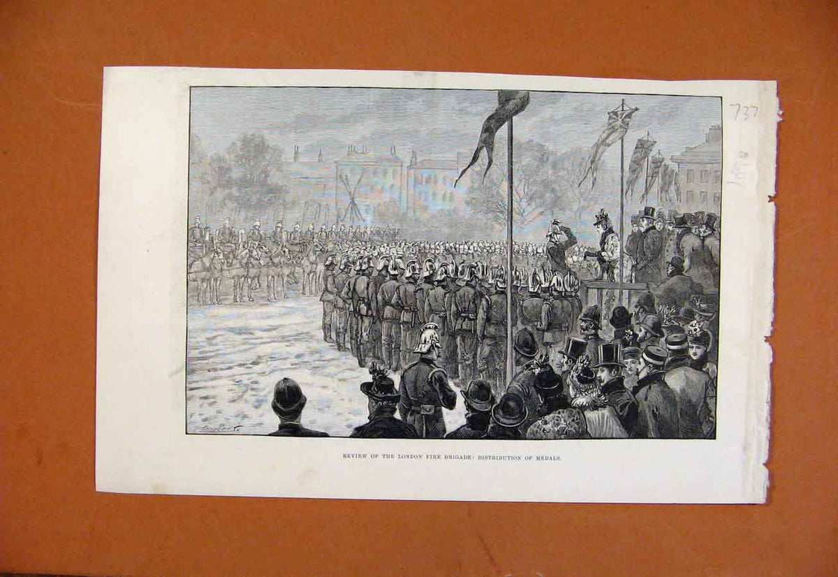 Original Old Antique Print Review London Fire Brigade Distribution Medals C1898