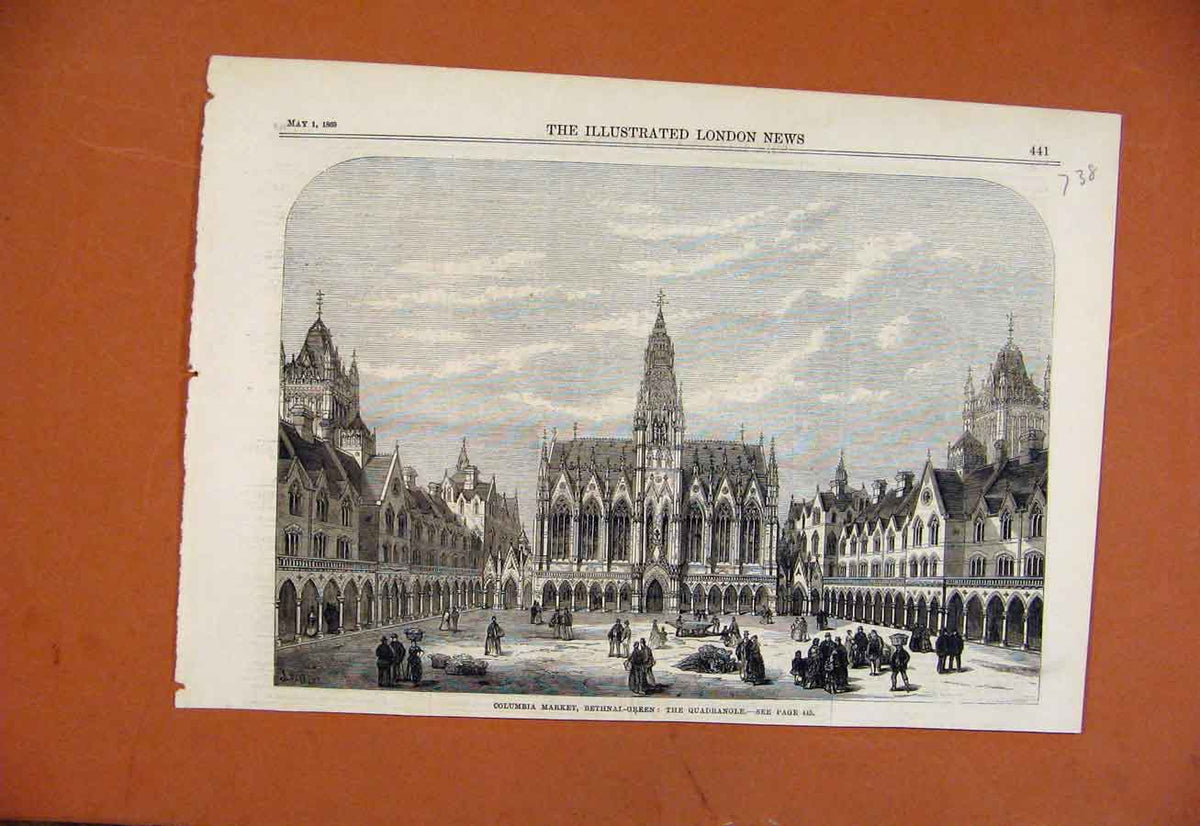 Original Old Antique Print Columbia Market Bethnalgreen Quadrangle C1869 19th