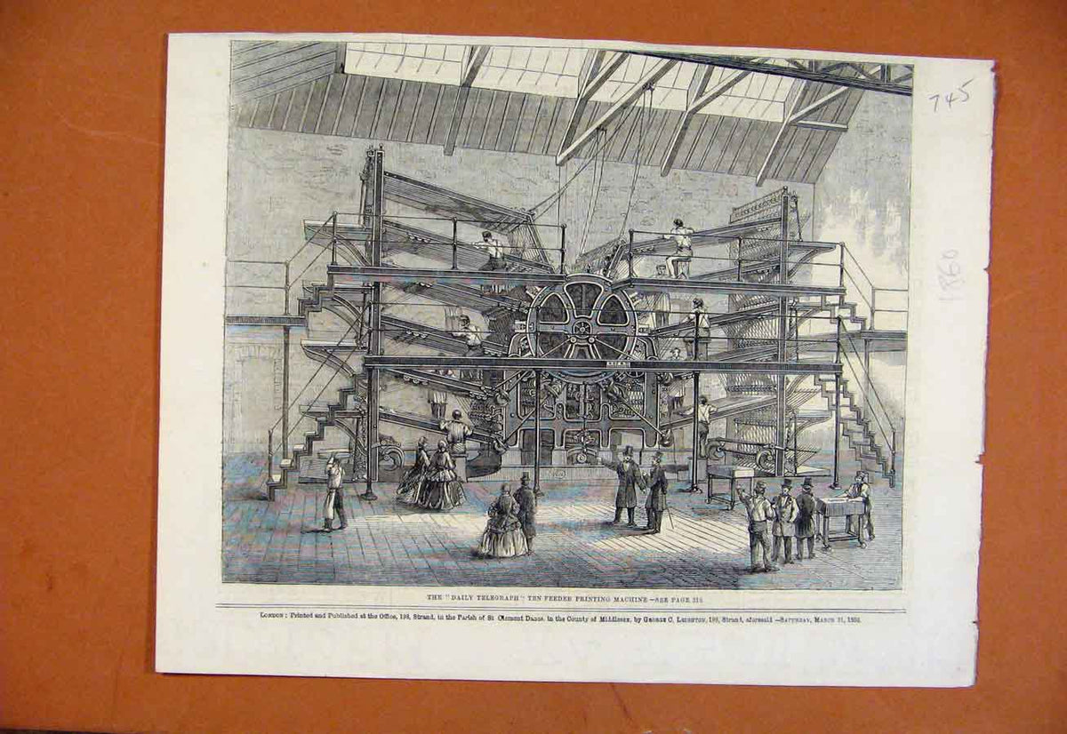 Original Old Antique Print C1860 Daily Telegraph Ten Feeder Ing Machine 19th