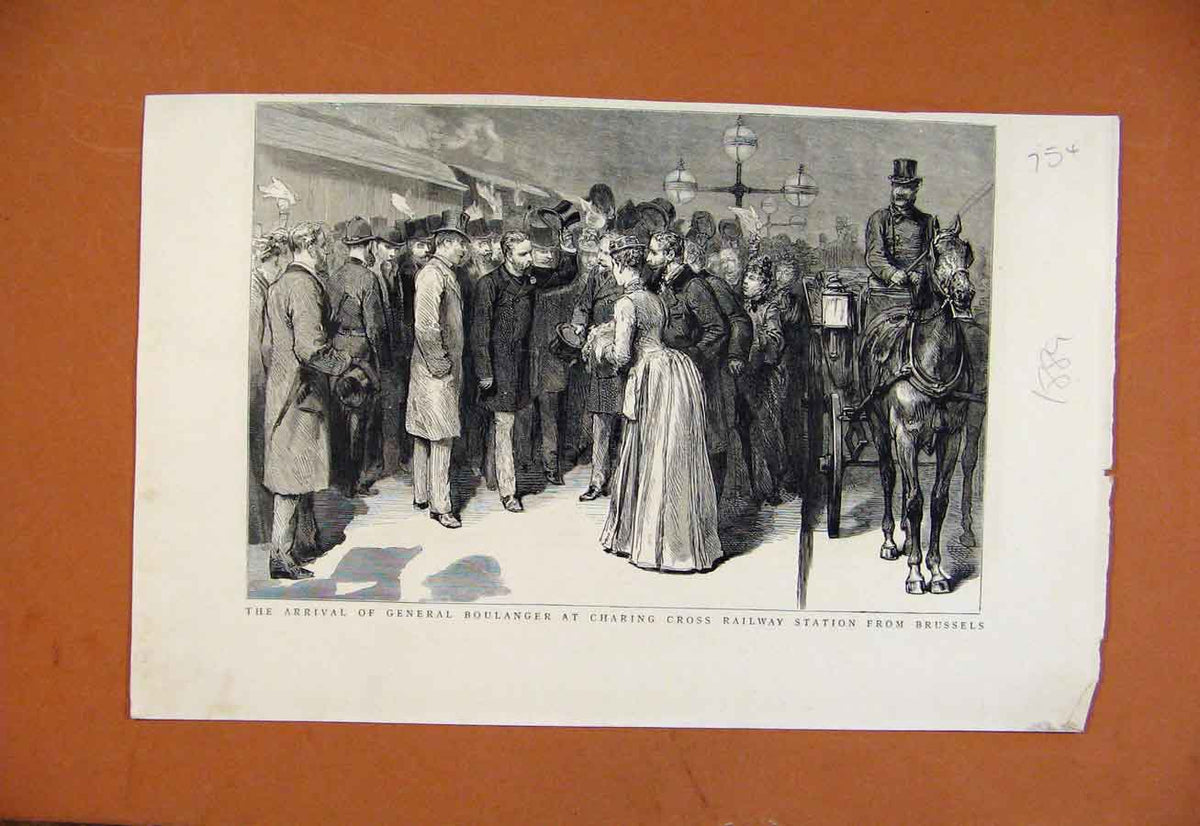 Original Old Antique Print Arrival General Boulanger Charing Cross Railway C1889