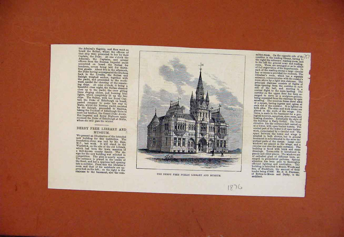 Original Old Antique Print Derby Free Public Library And Museum C1876 Victorian