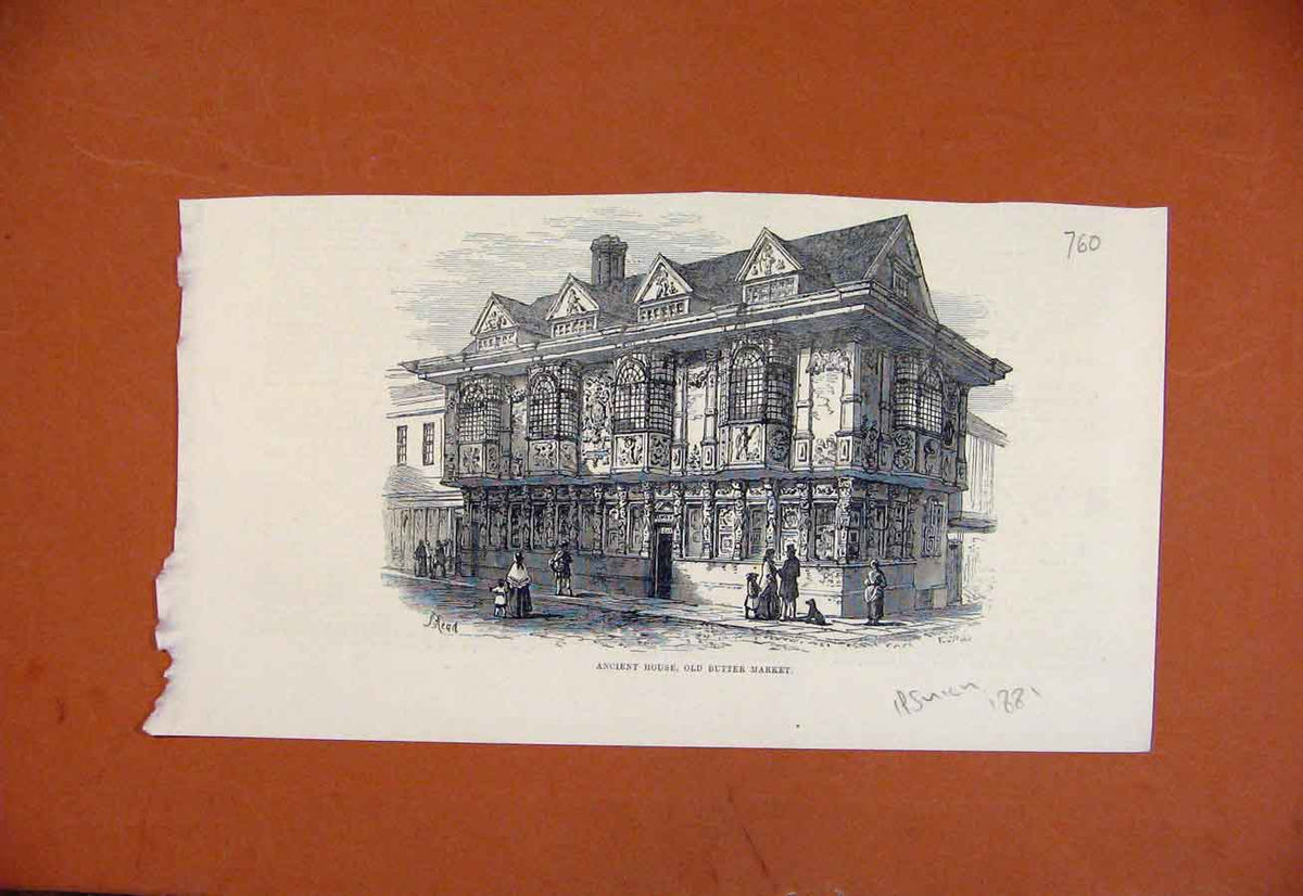 Original Old Antique Print Ancient House Butter Market C1881 Ipswich Victorian