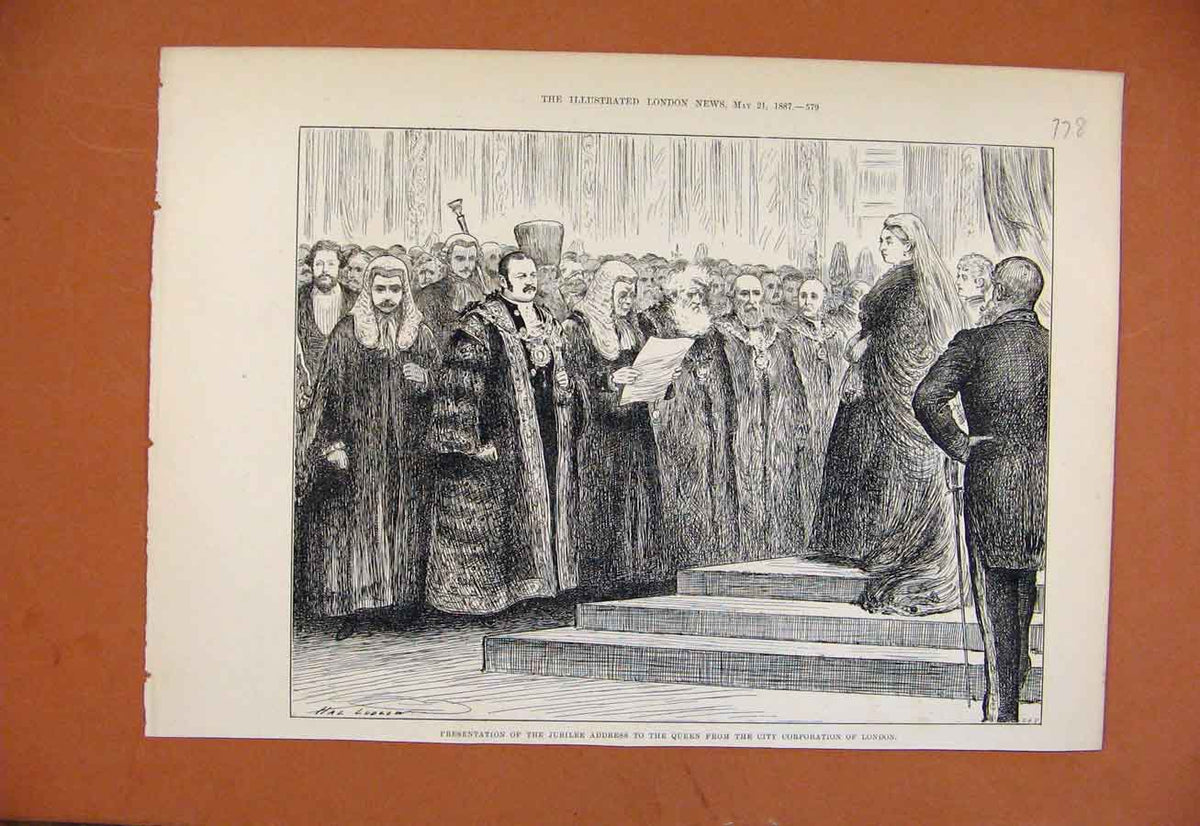 Original Old Antique Print Presentation Jubilee To Queen C1887 19th