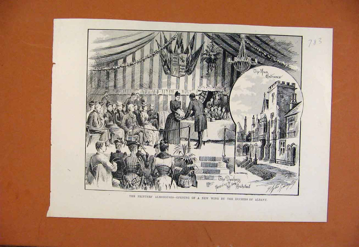 Original Old Antique Print Painters Almshouses New Wing Duchess Albany