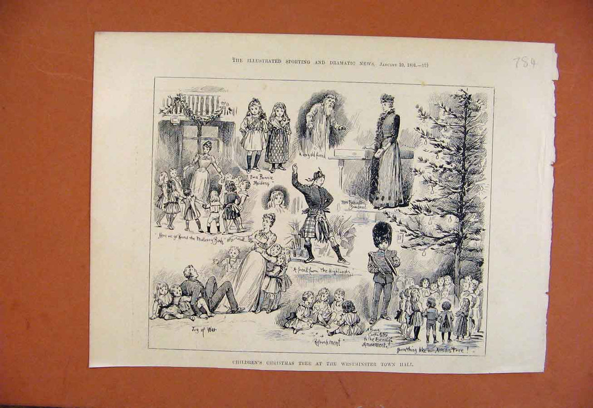 Original Old Antique Print Childrens Christmas Tree Westminster Town Hall C1891