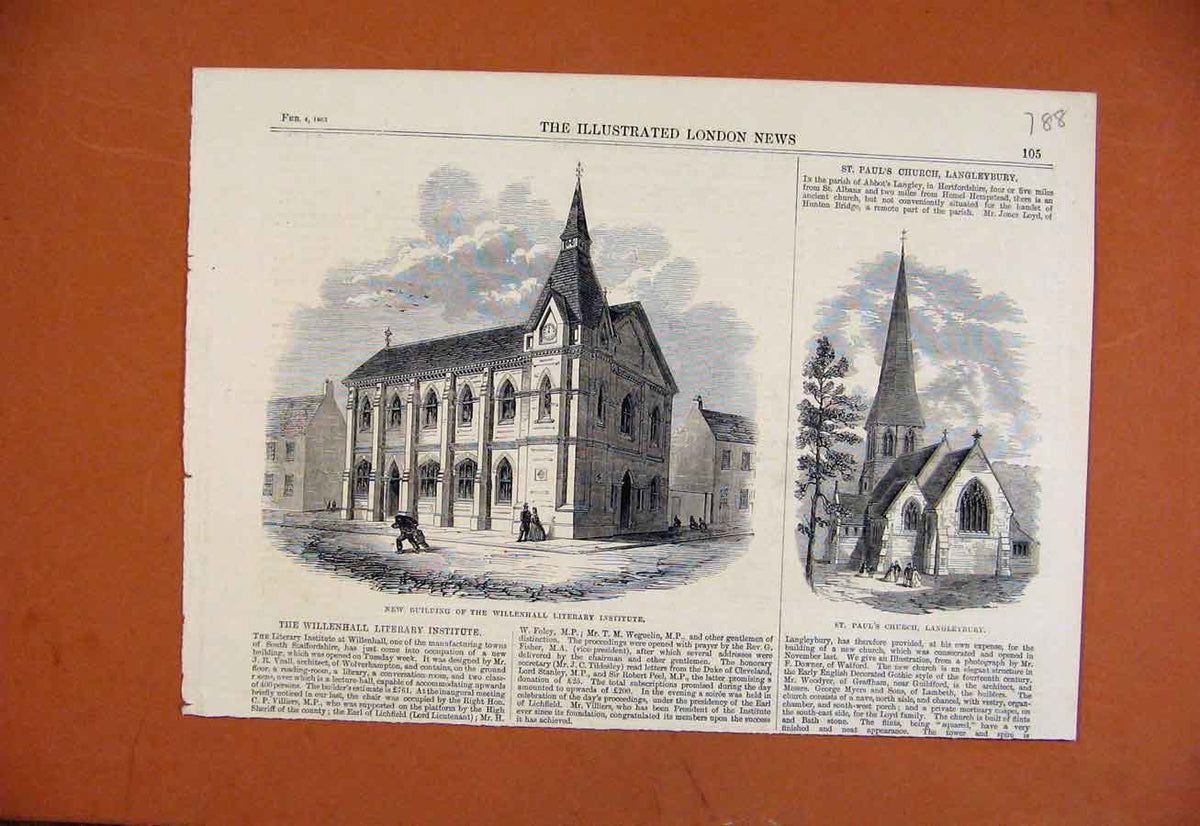 Original Old Antique Print Willenhall Literary Institute St Pauls Church C1865