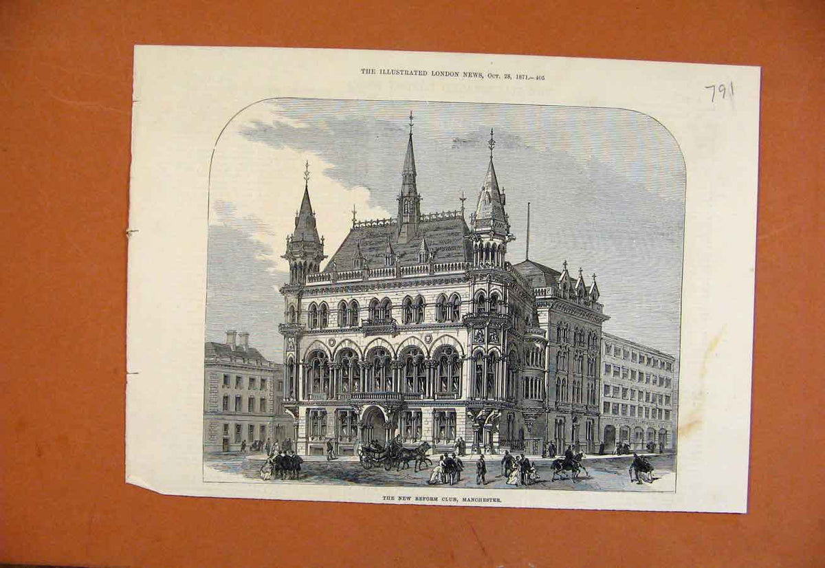 Original Old Antique Print New Reform Club Manchester C1871 19th