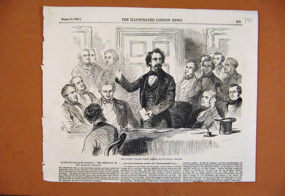 Original Old Antique Print C1856 Dulwich College Charity Metting Adelphi Theatre