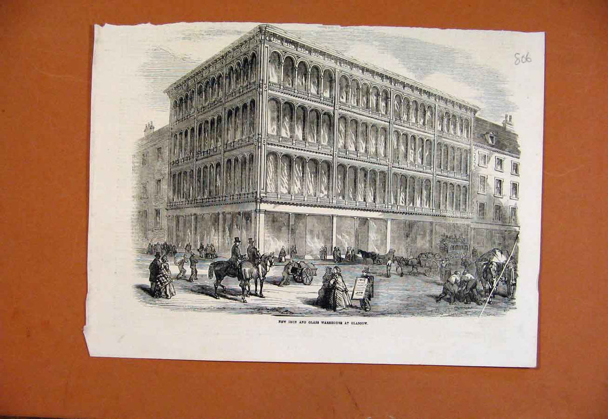 Original Old Antique Print New Iron Glass Warehouse Glasgow