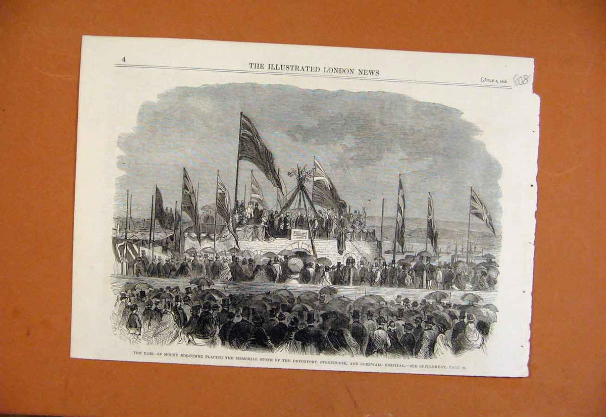 Original Old Antique Print Earl Mount Edgcumbe Memorial Stone Devonport C1862