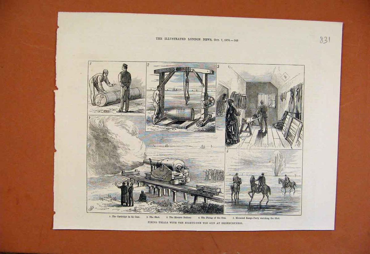 Original Old Antique Print Firing Trials Eighty One Ton Gun Shoeburyness C1876