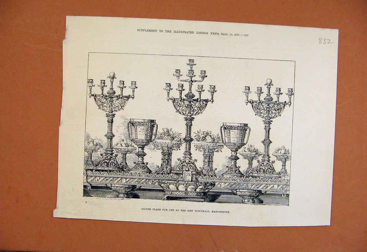 Original Old Antique Print Silver Plate Townhall Manchester C1877 19th