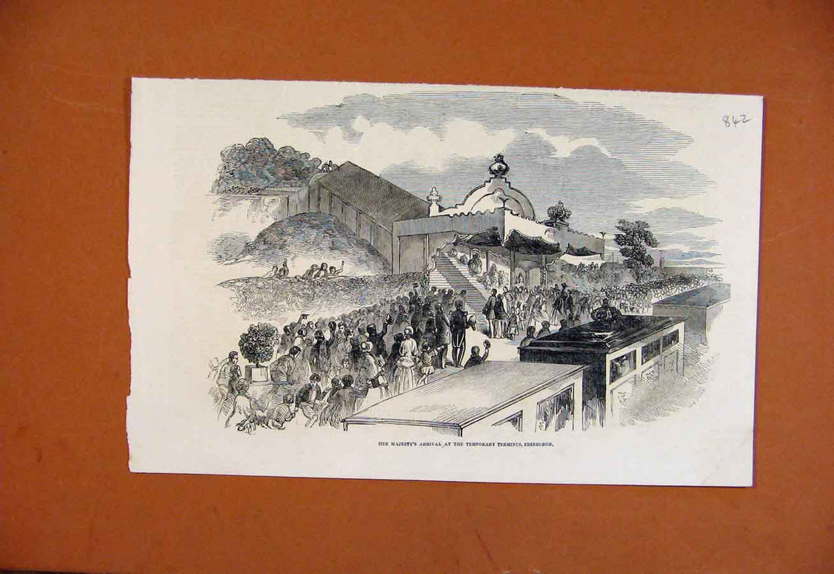 Original Old Antique Print Her Majestys Arrival Temporary Terminus Edinburgh