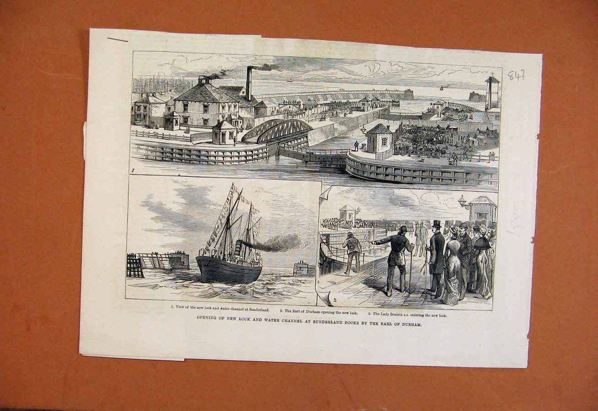 Original Old Antique Print C1883 Opening New Lock Water Channel Sunderland Docks