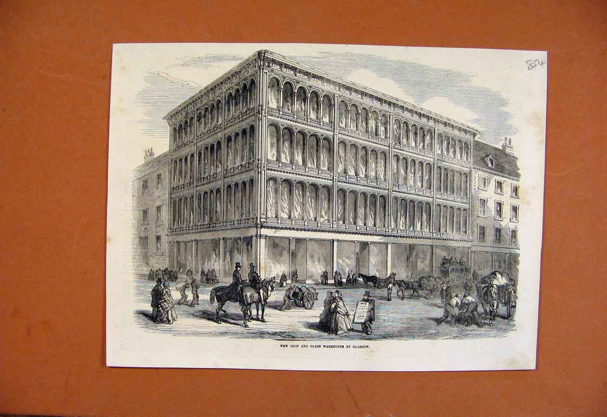 Original Old Antique Print New Iron Glass Warehouse Glasgow