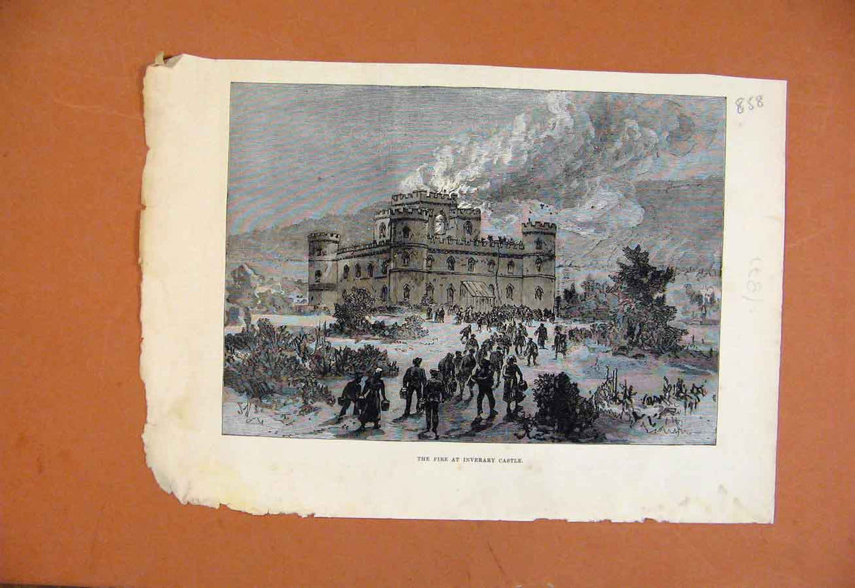 Original Old Antique Print C1871 Fire At Inverary Castle 19th Century
