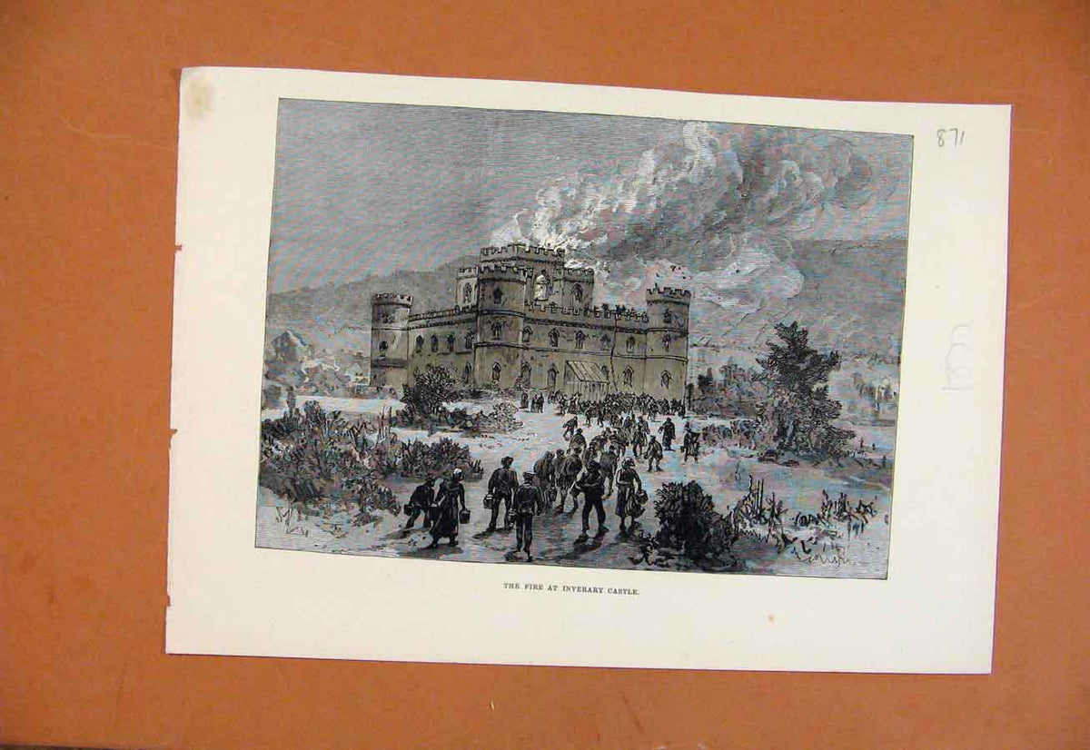 Original Old Antique Print Fire At Inverary Castle C1877 Illustrated London News