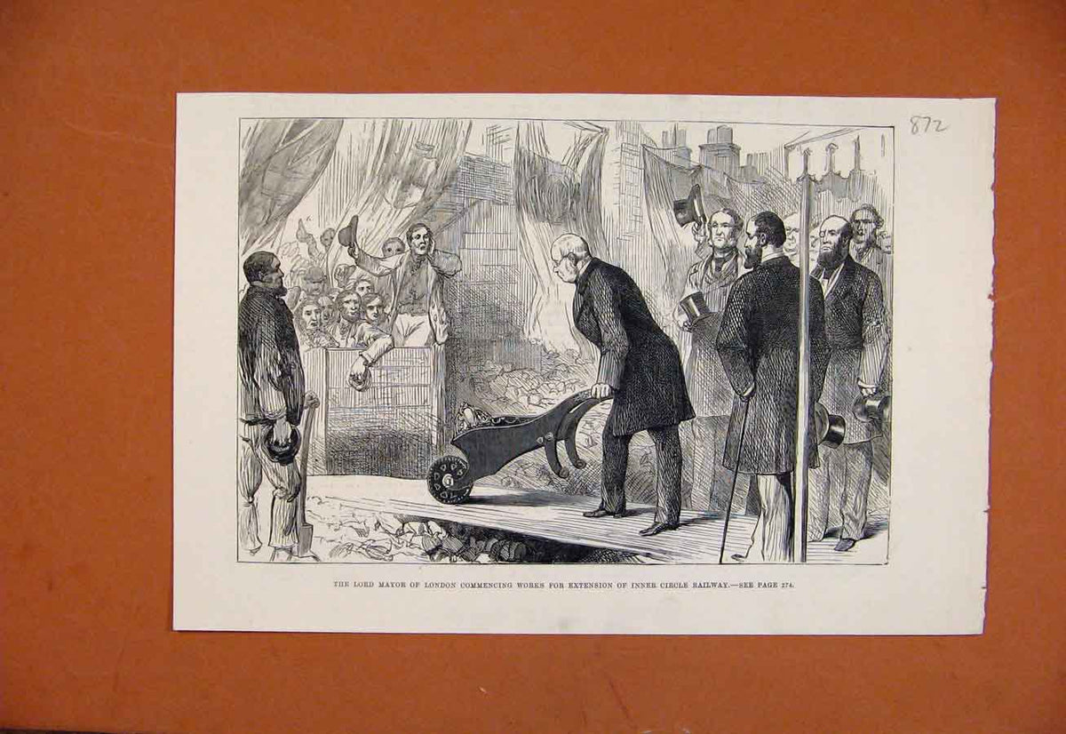 Original Old Antique Print Lord Mayor London Commencing Works Circle Railway