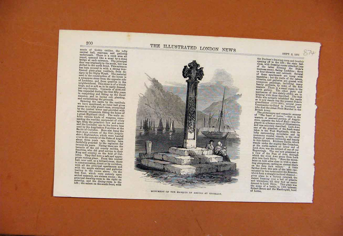 Original Old Antique Print Monument Marquis Argyll Inverary C1871 19th