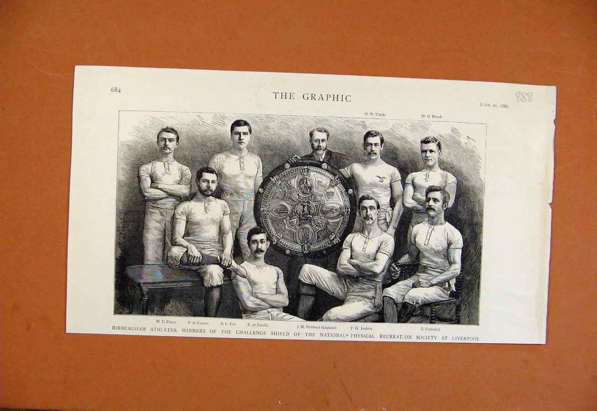 Original Old Antique Print Birminham Athletes Winners Liverpool C1889 Victorian