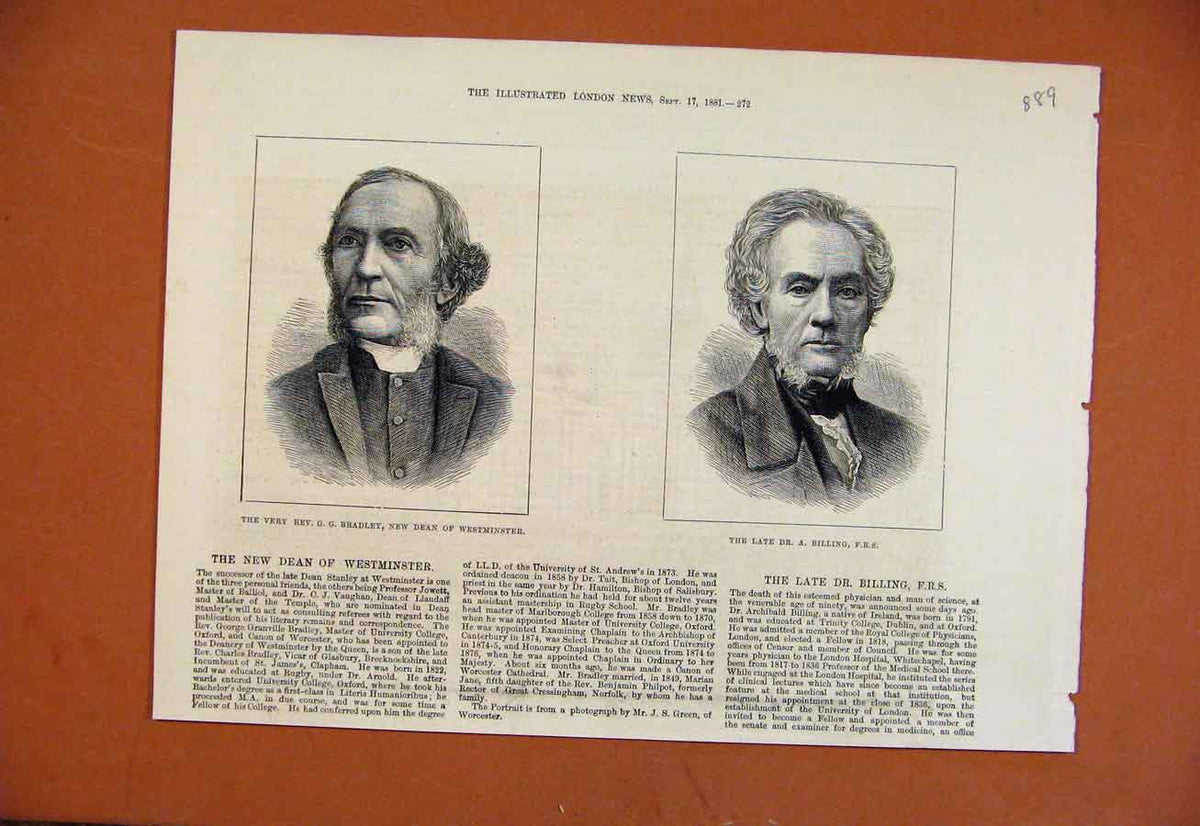 Original Old Antique Print Dean Westminster Bradley Late Billing C1881 Victorian