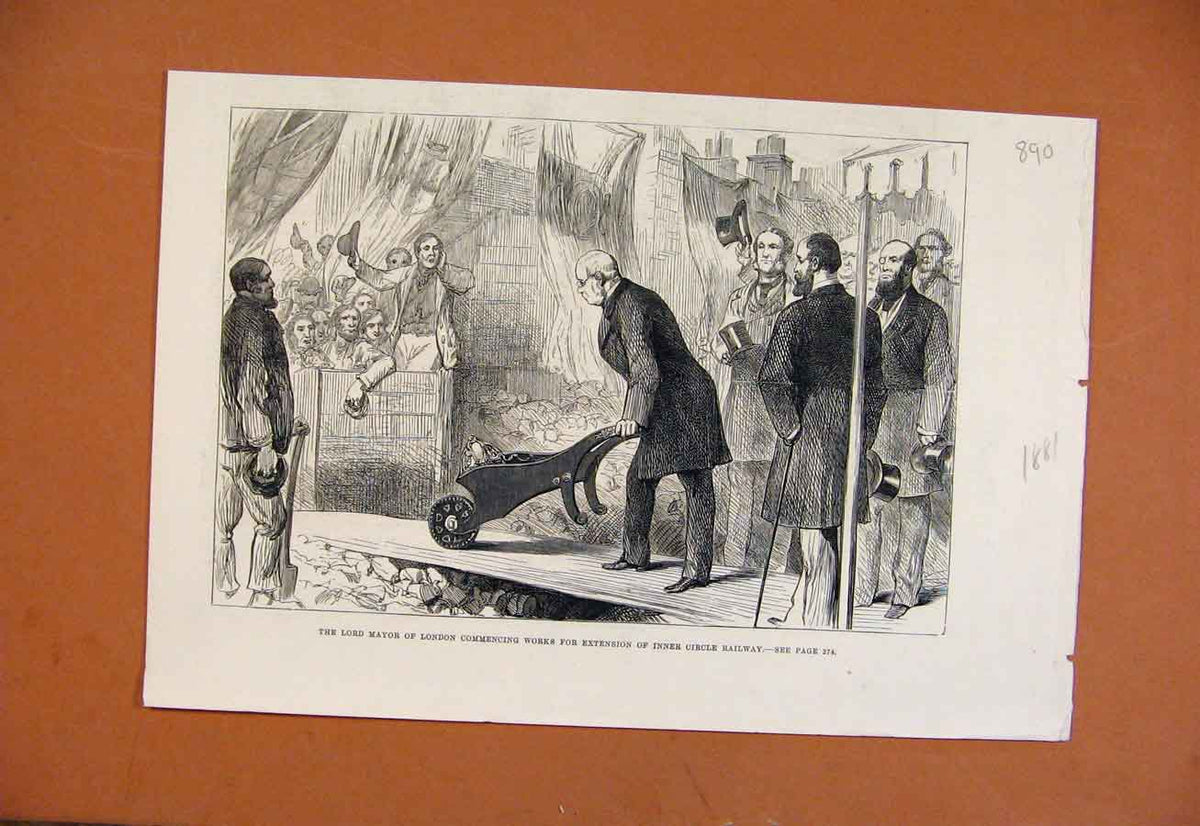 Old Antique Print C1881 Lord Mayor London Commencing Works Circle Railway 19th