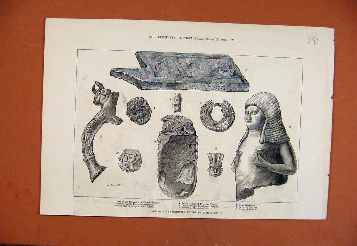 Original Old Antique Print Babylonian Antiquities British Museum C1883 Victorian