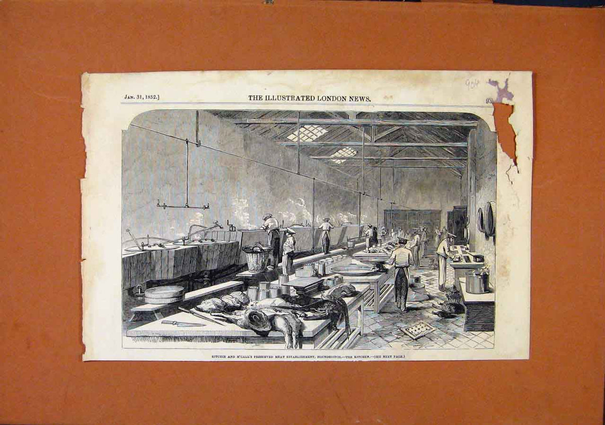 Original Old Antique Print C1852 Preserved Meat Establishment Houndsditch 19th