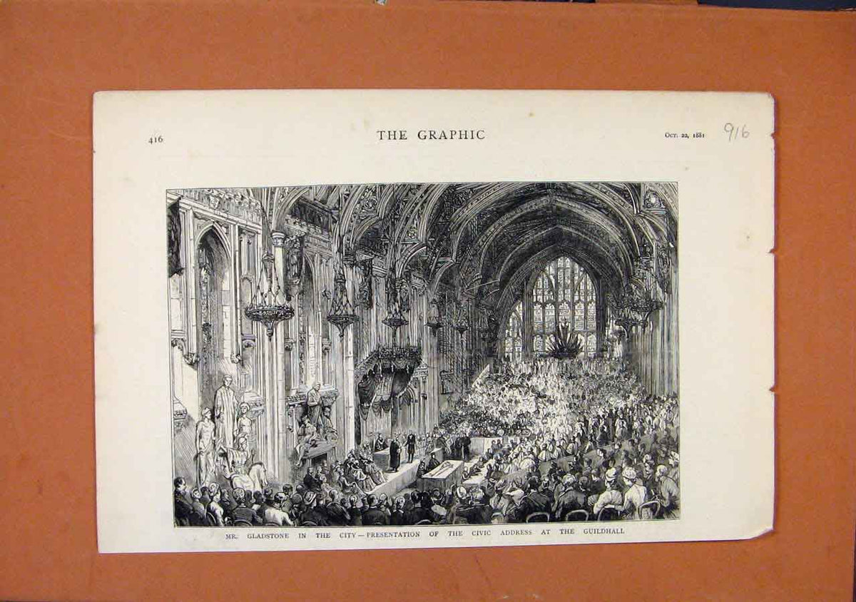 Original Old Antique Print Guildhall Presentaion Me Gladstone C1881 The Graphic