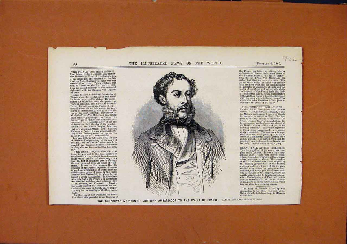 Original Old Antique Print Austrian Ambassador Court France C1860 19th