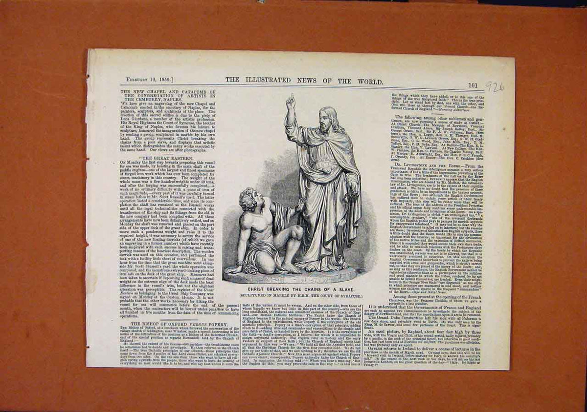 Original Old Antique Print C1859 Scupture Christ Breaking Chains Slave Victorian