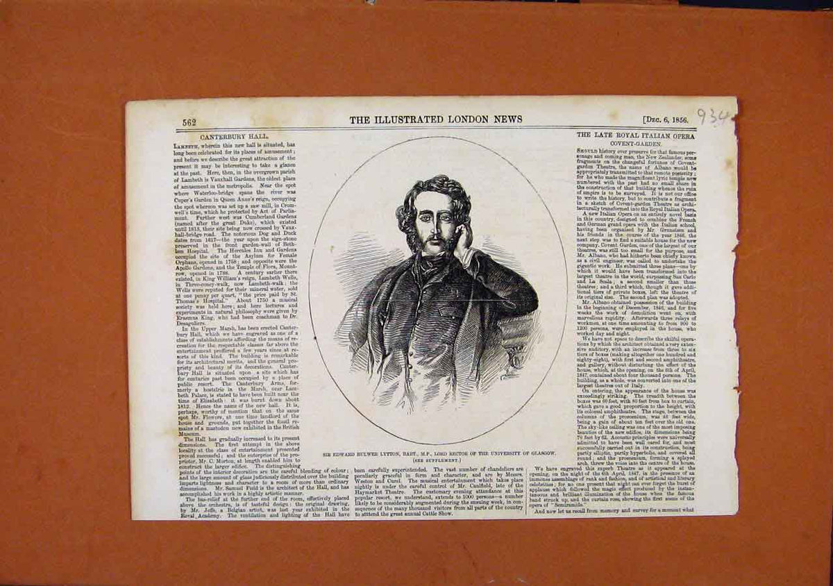 Original Old Antique Print Sir Edward Bart University Glasgow C1856 London News