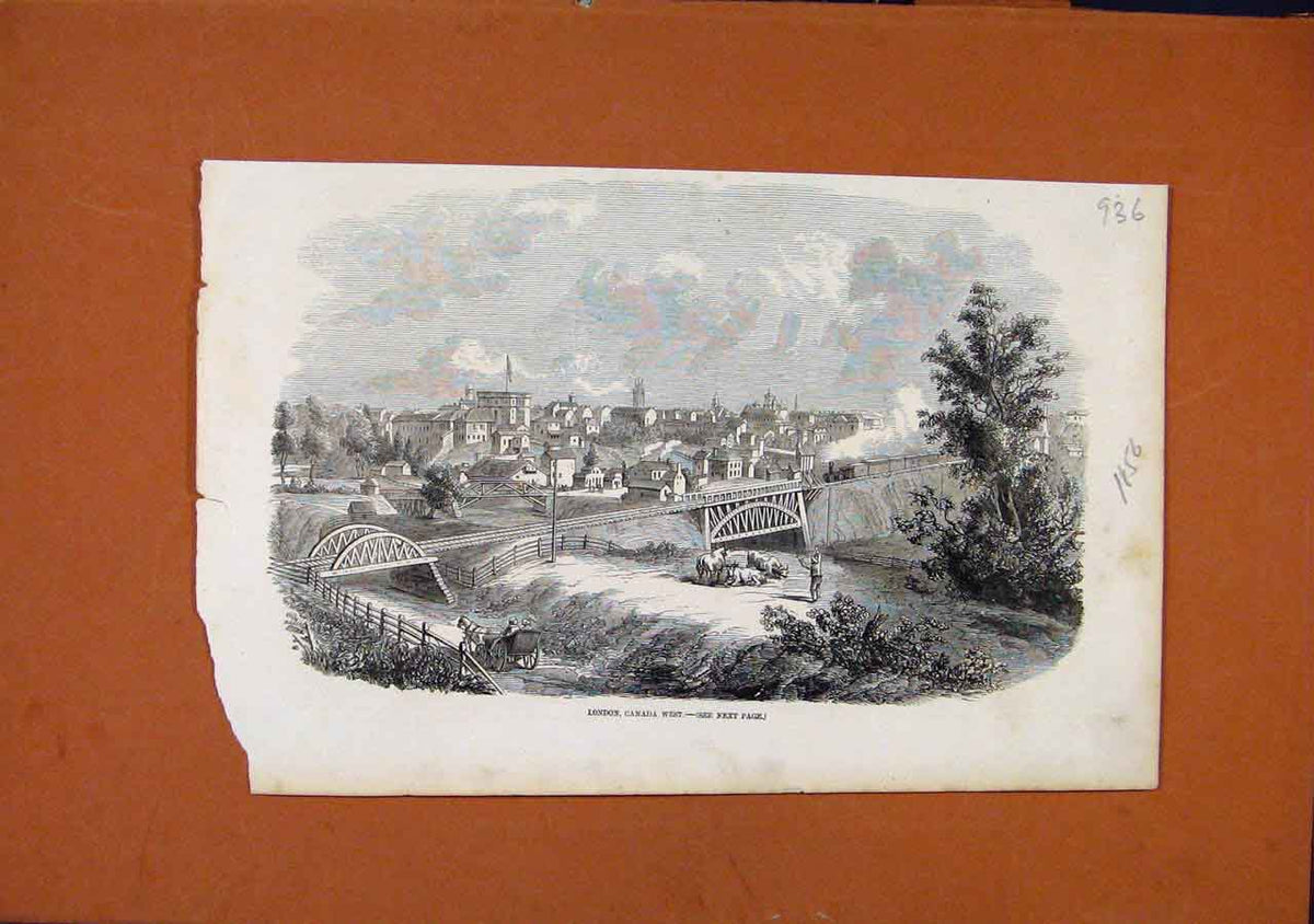 Original Old Antique Print London Canada West C1856 Illustrated London News 19th