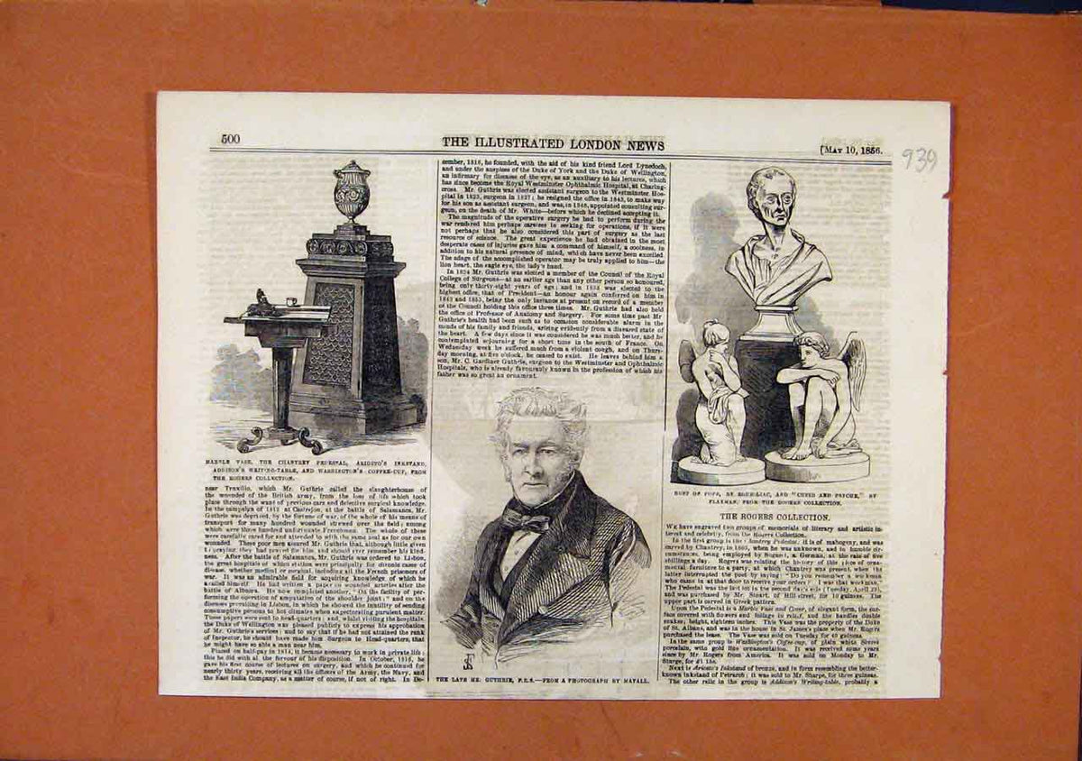 Original Old Antique Print Marble Vase Mr Buthrie Bust Pope C1856 London News
