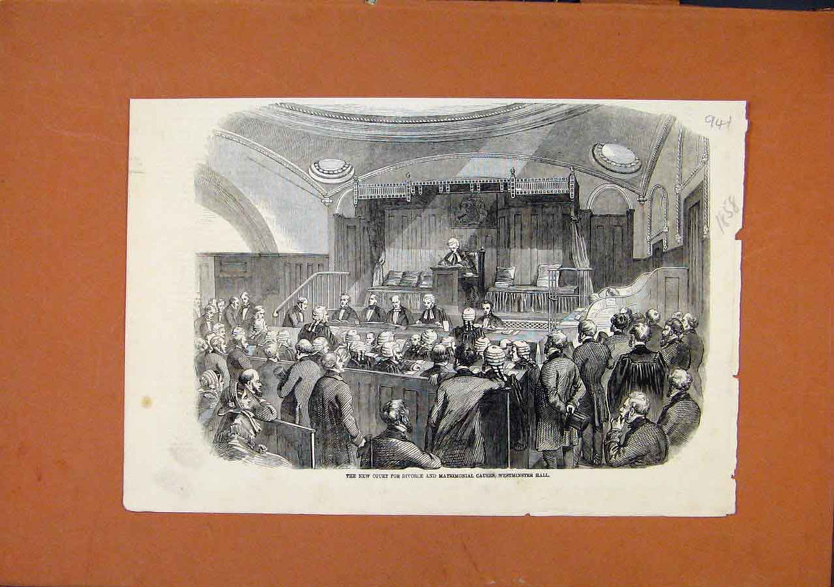 Original Old Antique Print Court For Divorce Matrimonial Westminster Hall C1858