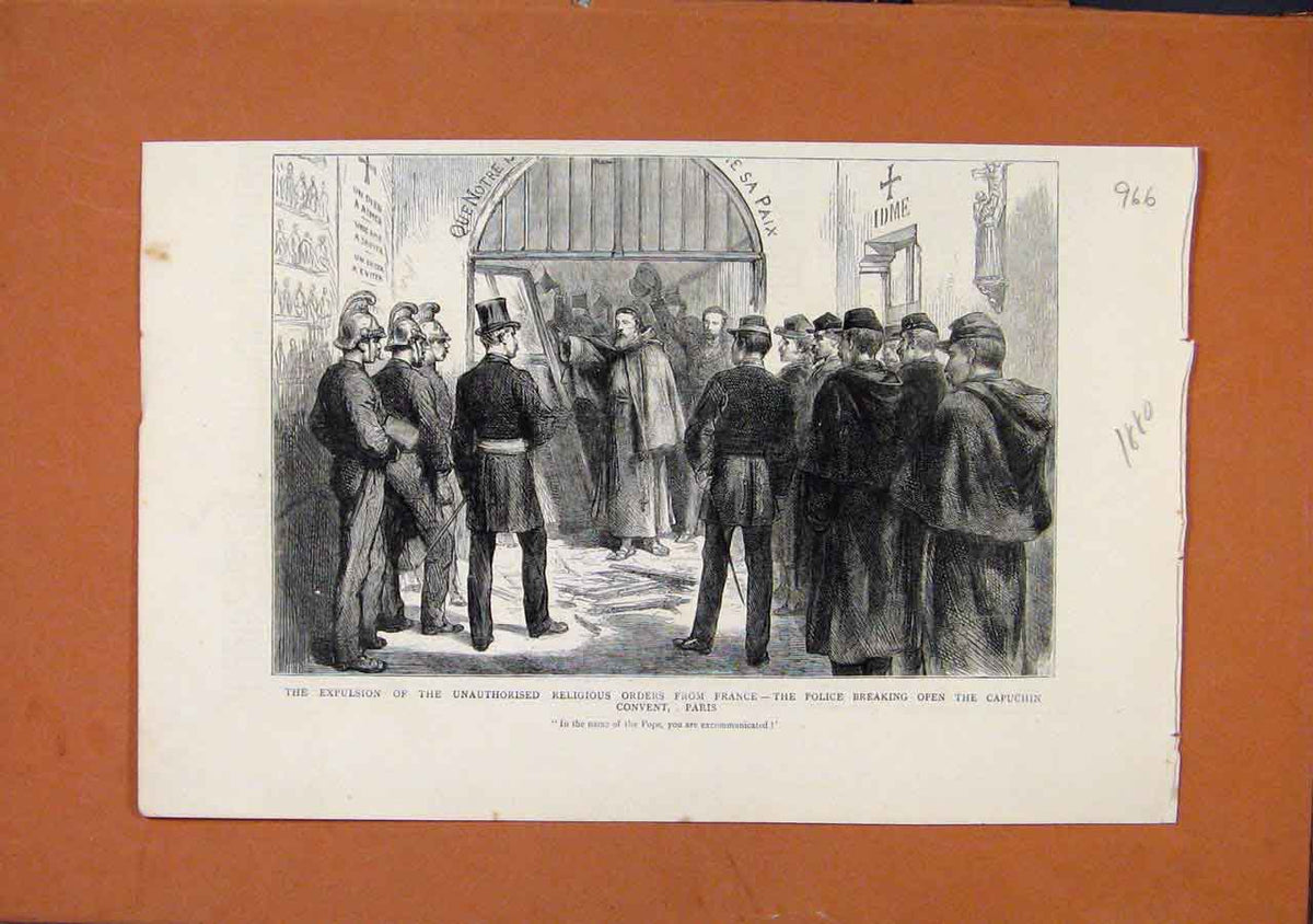 Original Old Antique Print Unauthorised Religious Orders France Police C1880