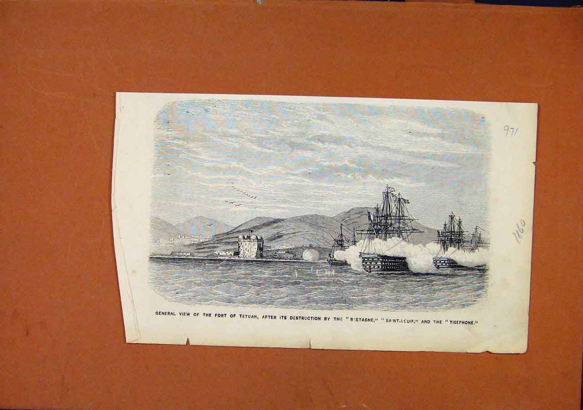 Original Old Antique Print Fort Tetuan After Destruction Illustrated London News