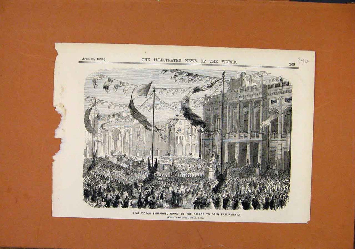 Original Old Antique Print King Victor Emmanuel Open Parliament C1860 Victorian