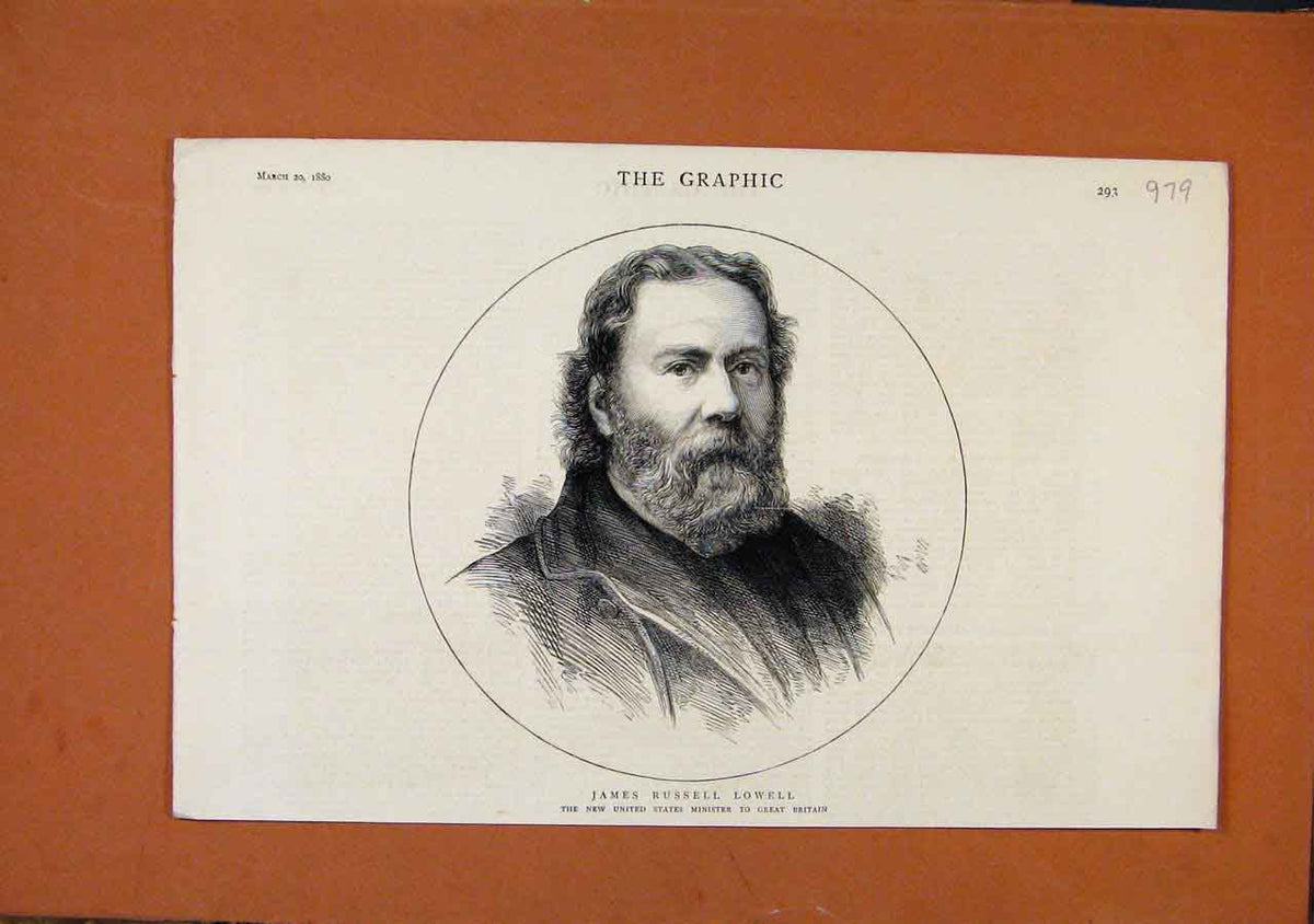 Old Antique Print The Graphic C1880 Portrait James Russel Lowell Minister 19th