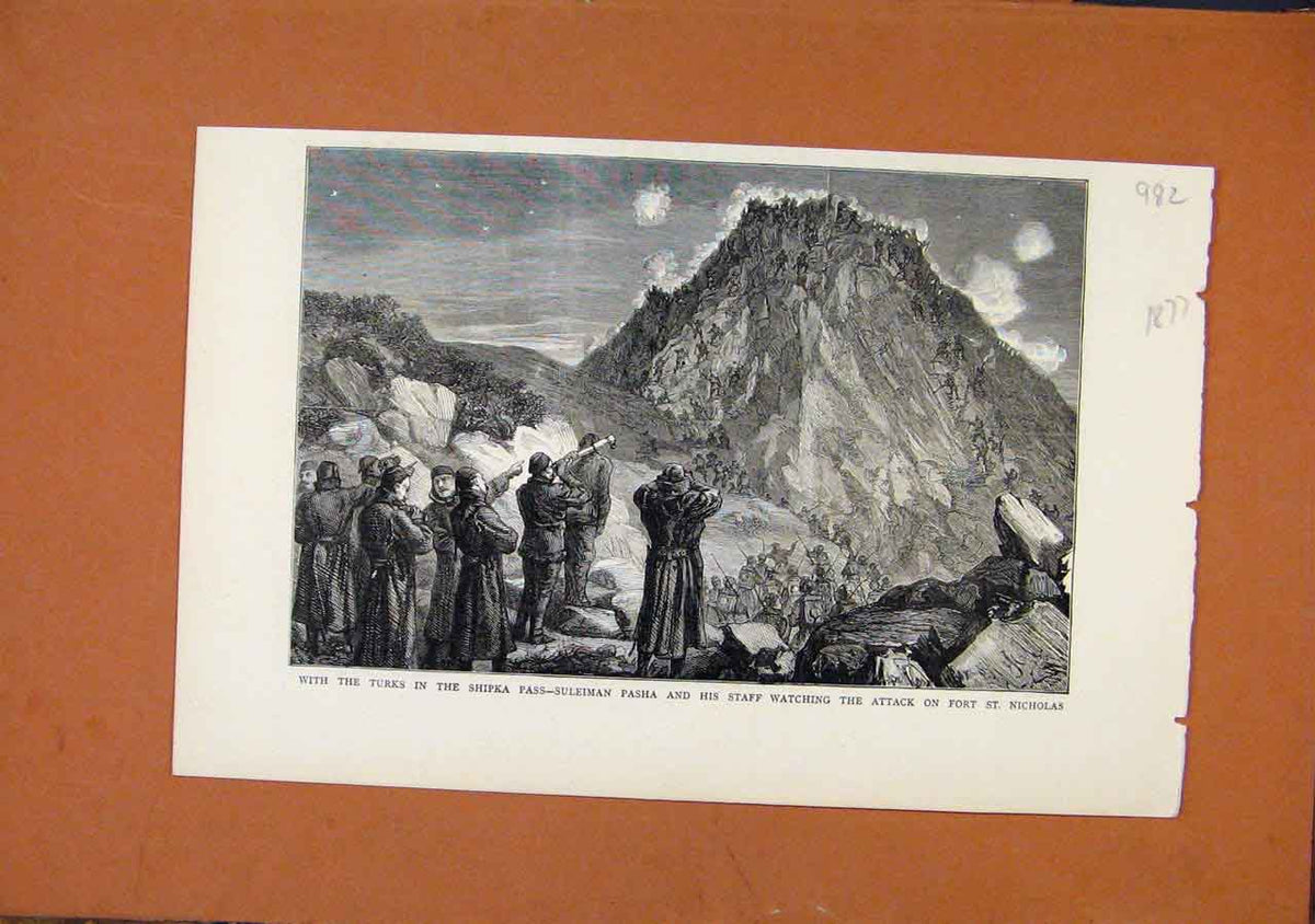 Original Old Antique Print Turks Watch Attack Fort St Nicholas C1877 London News