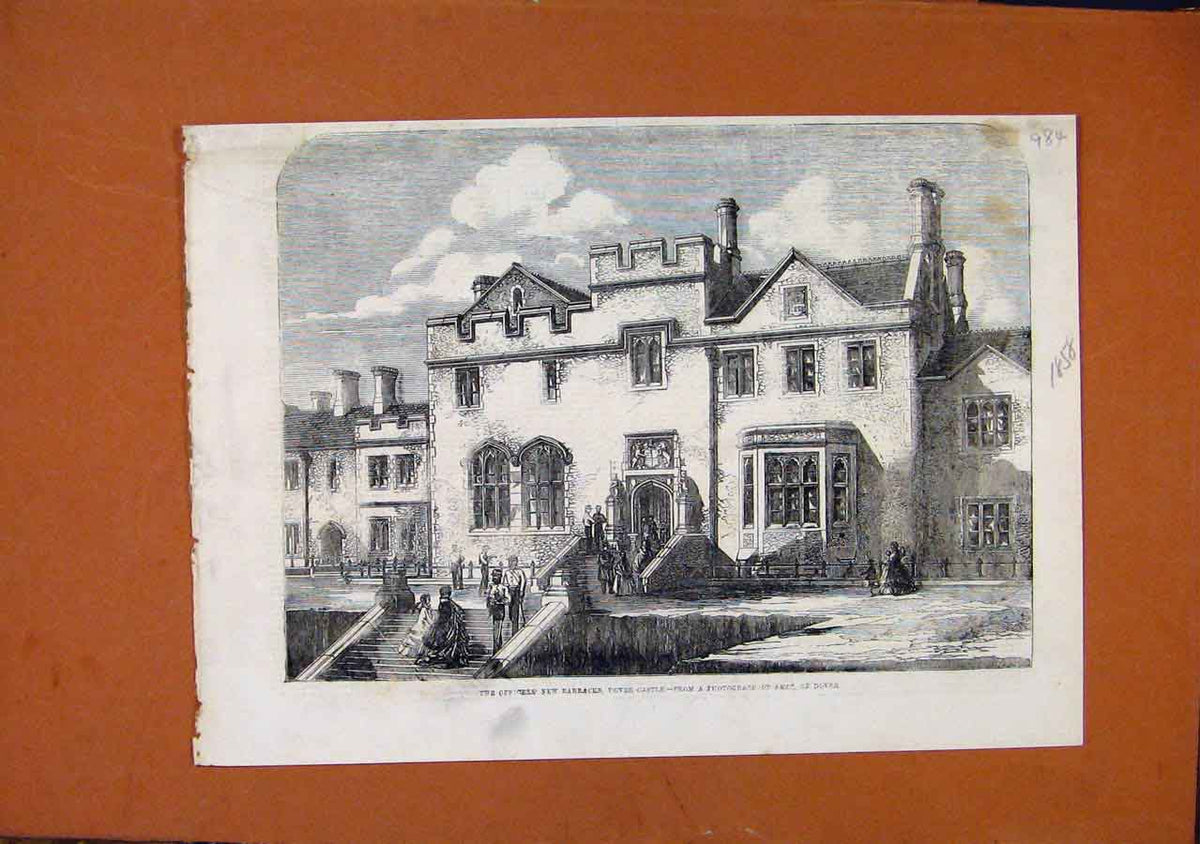 Original Old Antique Print Officers New Barracks Dover Castle C1858 Victorian